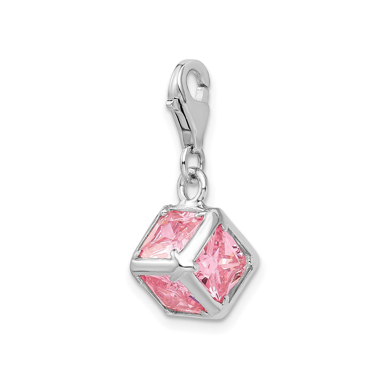 Sterling Silver Cube Charm Pendant with Pink Princess Cut Cubic Zirconia