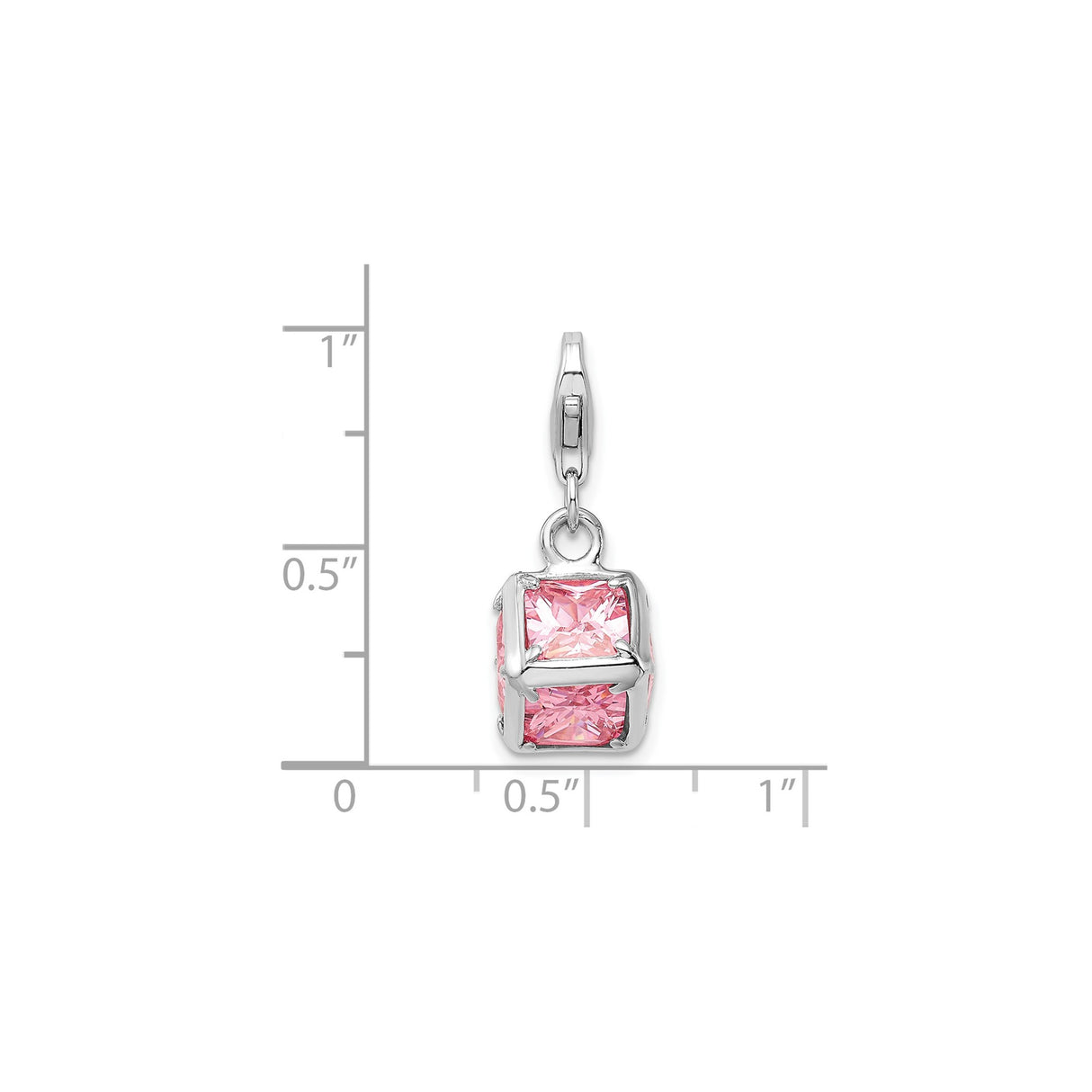 Sterling Silver Cube Charm Pendant with Pink Princess Cut Cubic Zirconia