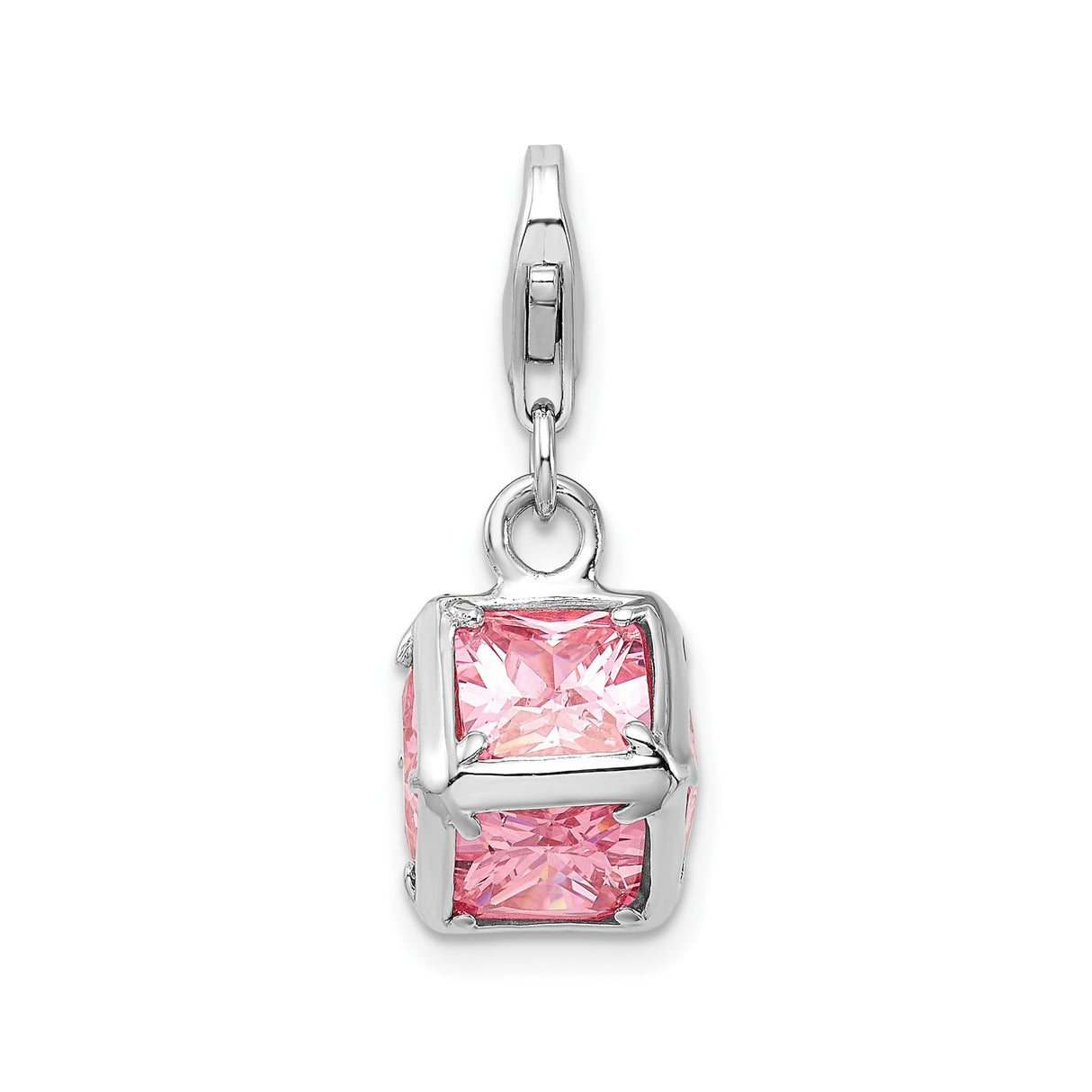 Sterling Silver Cube Charm Pendant with Pink Princess Cut Cubic Zirconia