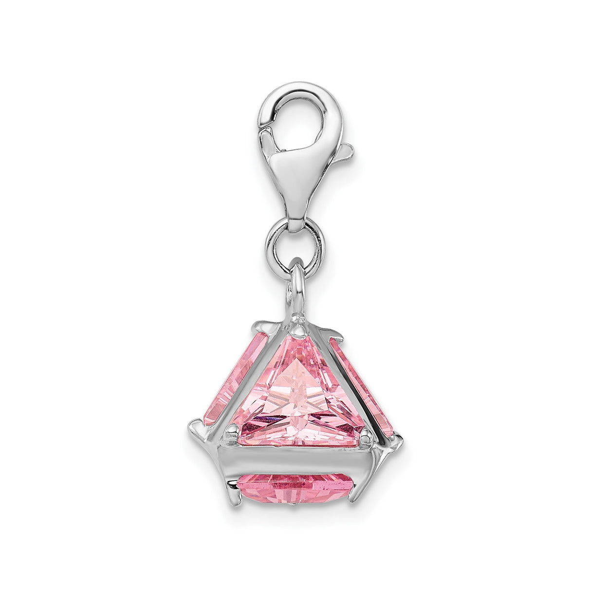 Sterling Silver Dangle Charm with Triangular Pink Cubic Zirconia, Geometric Pendant Design