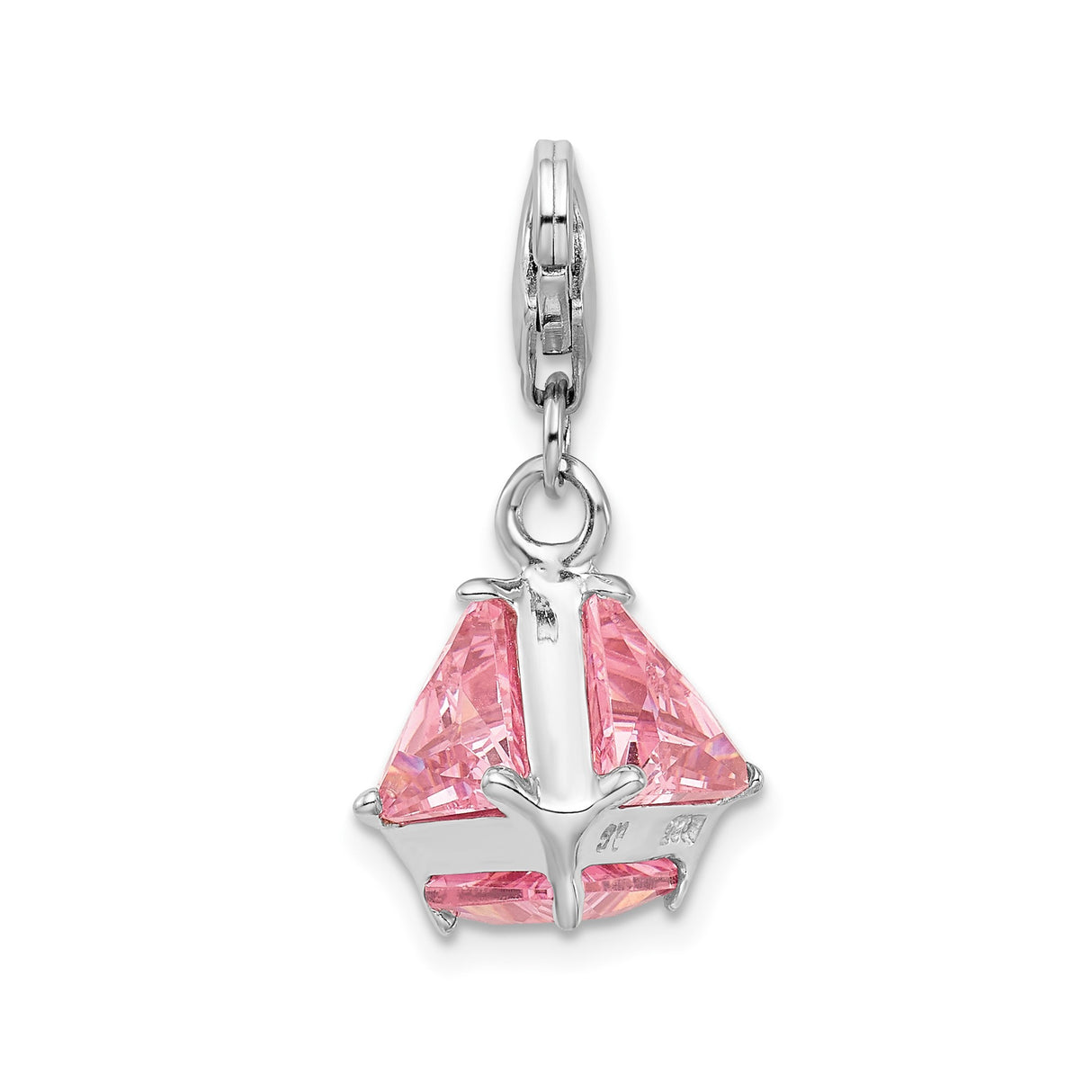 Sterling Silver Dangle Charm with Triangular Pink Cubic Zirconia, Geometric Pendant Design