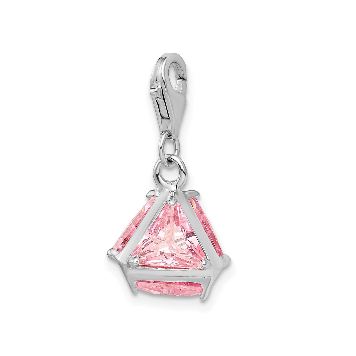 Sterling Silver Dangle Charm with Triangular Pink Cubic Zirconia, Geometric Pendant Design