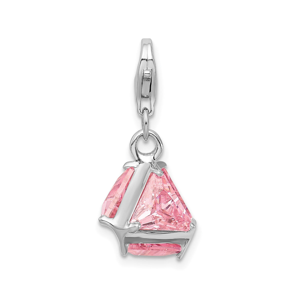 Sterling Silver Dangle Charm with Triangular Pink Cubic Zirconia, Geometric Pendant Design