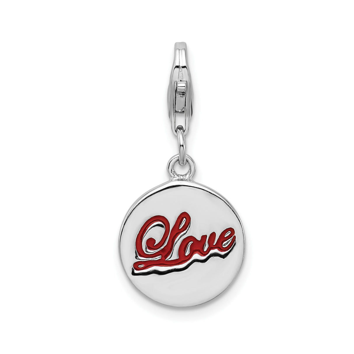 Sterling Silver Love Disc Pendant with Red Enamel Script Design, Romantic Minimalist Jewelry for Women