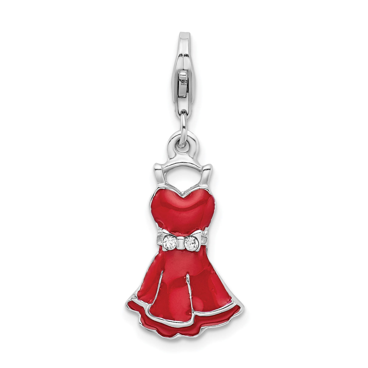 Sterling Silver Dress Charm Pendant with Cubic Zirconia Waist and Red Enamel Flared Skirt Design