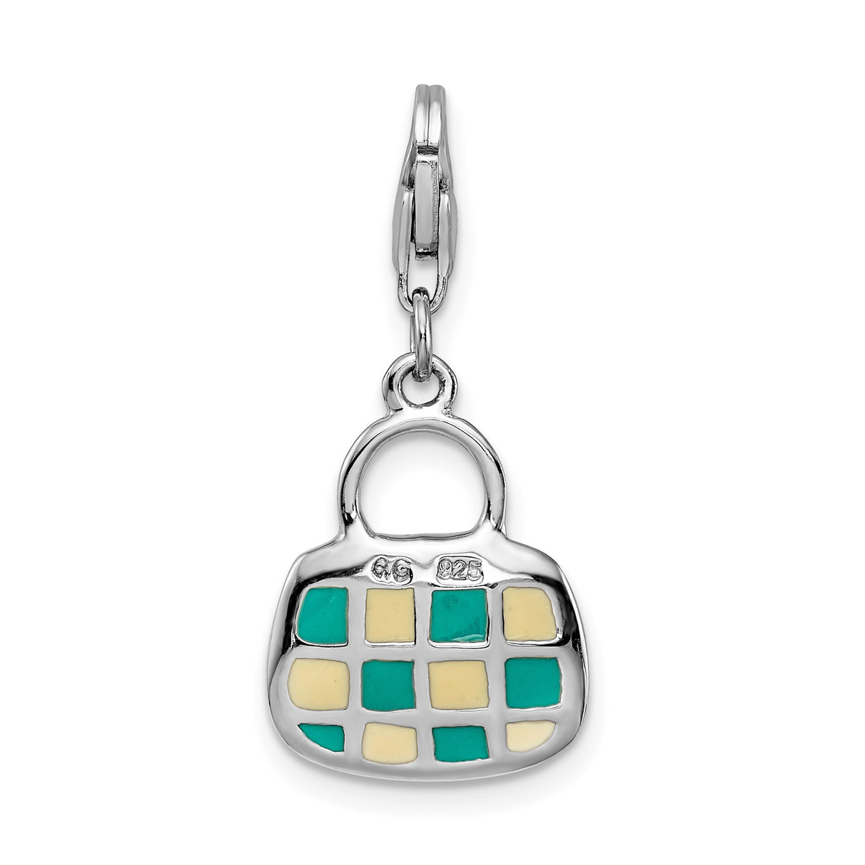 Sterling Silver Handbag Charm with Teal and Cream Enamel Grid Design, Lobster Clasp Pendant