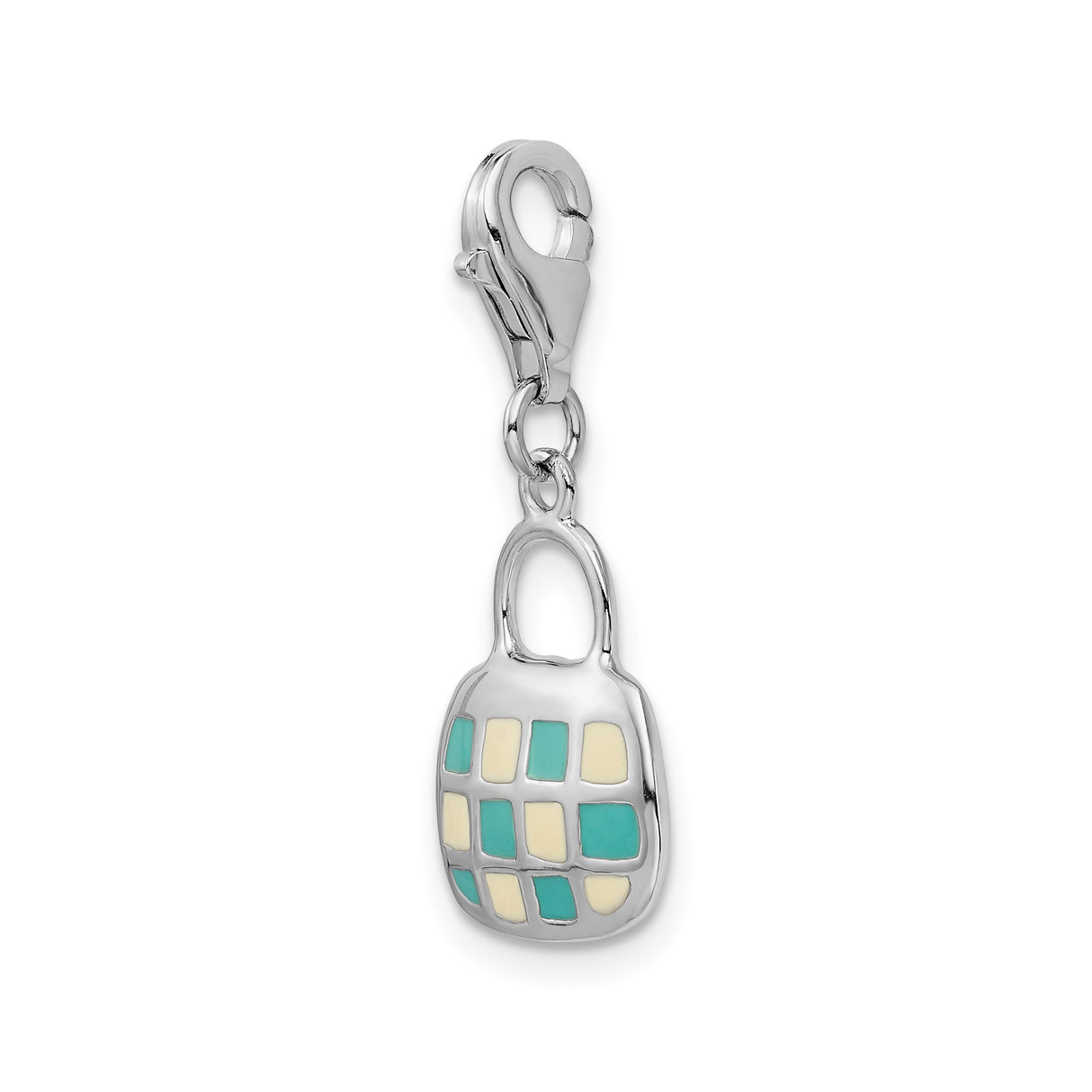 Sterling Silver Handbag Charm with Teal and Cream Enamel Grid Design, Lobster Clasp Pendant