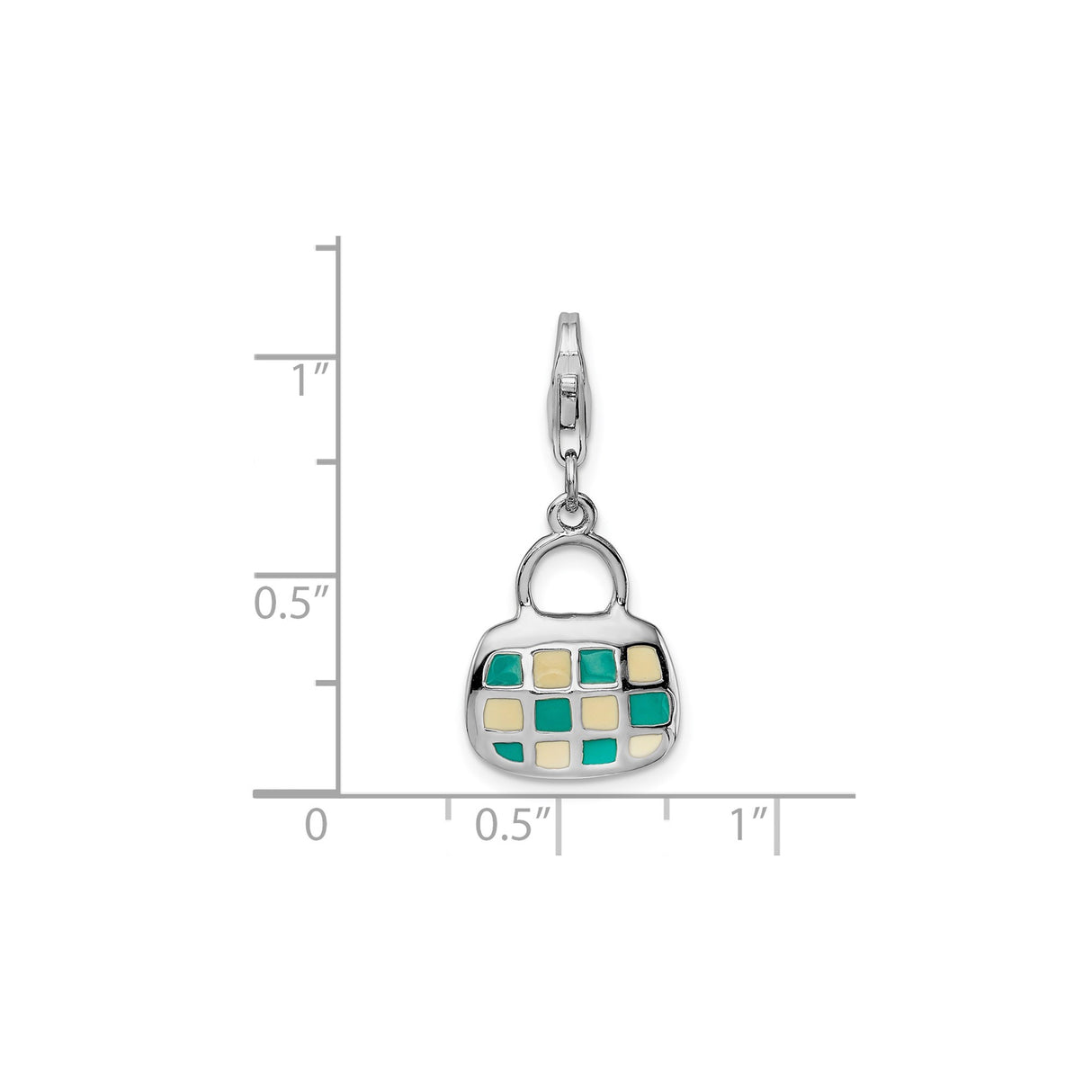 Sterling Silver Handbag Charm with Teal and Cream Enamel Grid Design, Lobster Clasp Pendant