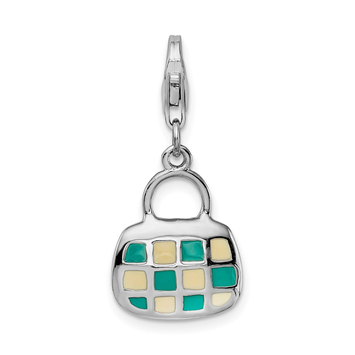Sterling Silver Handbag Charm with Teal and Cream Enamel Grid Design, Lobster Clasp Pendant