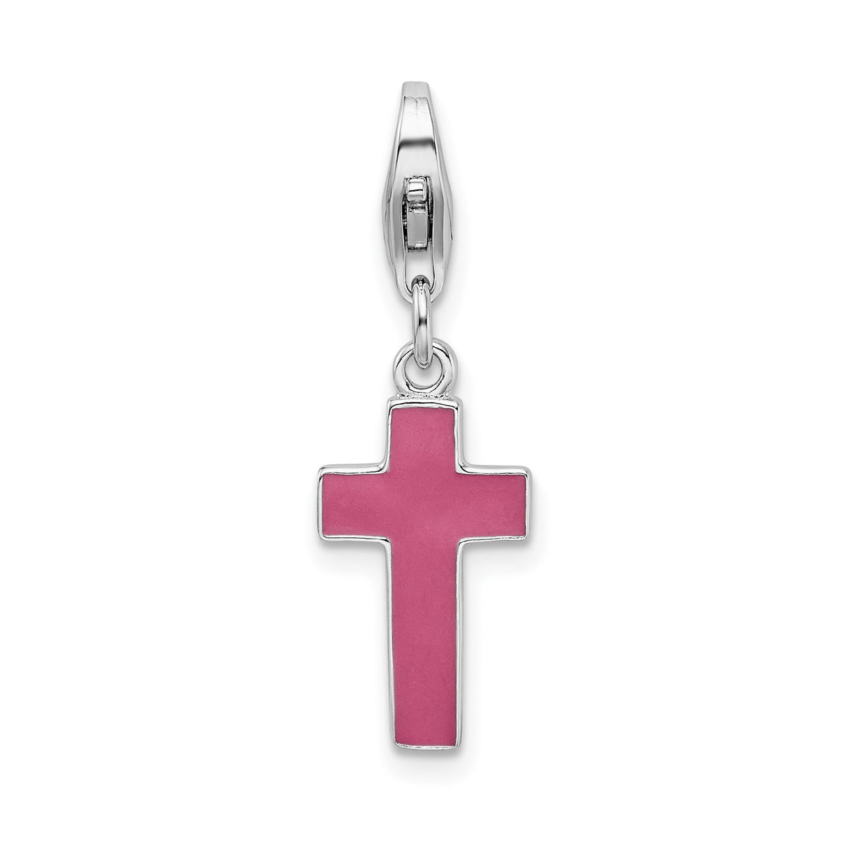Sterling Silver Cross Pendant with Pink Enamel, Rounded Edges, Modern Minimalist Design