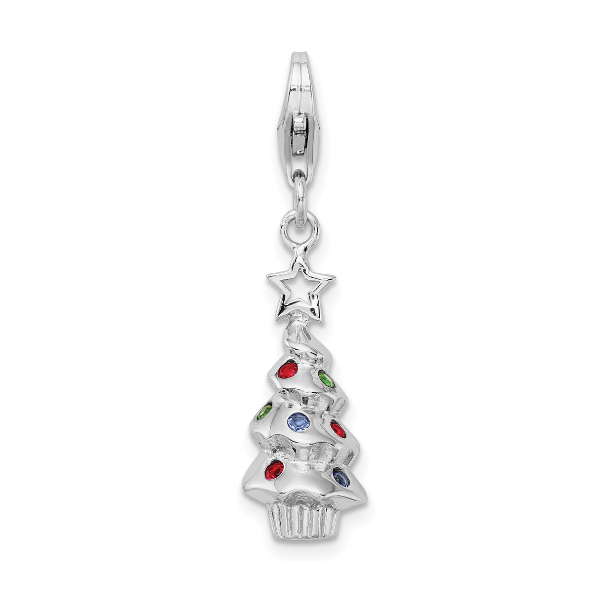 Sterling Silver Christmas Tree Charm Pendant with Colorful Enamel Ornaments and Star Topper