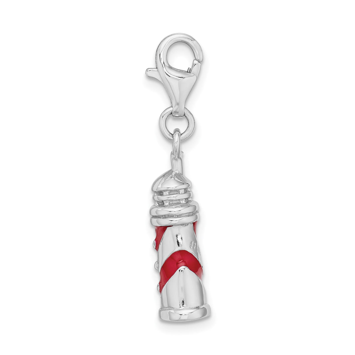Sterling Silver Lighthouse Charm Pendant with Red Enamel Spiral, Nautical Travel Theme