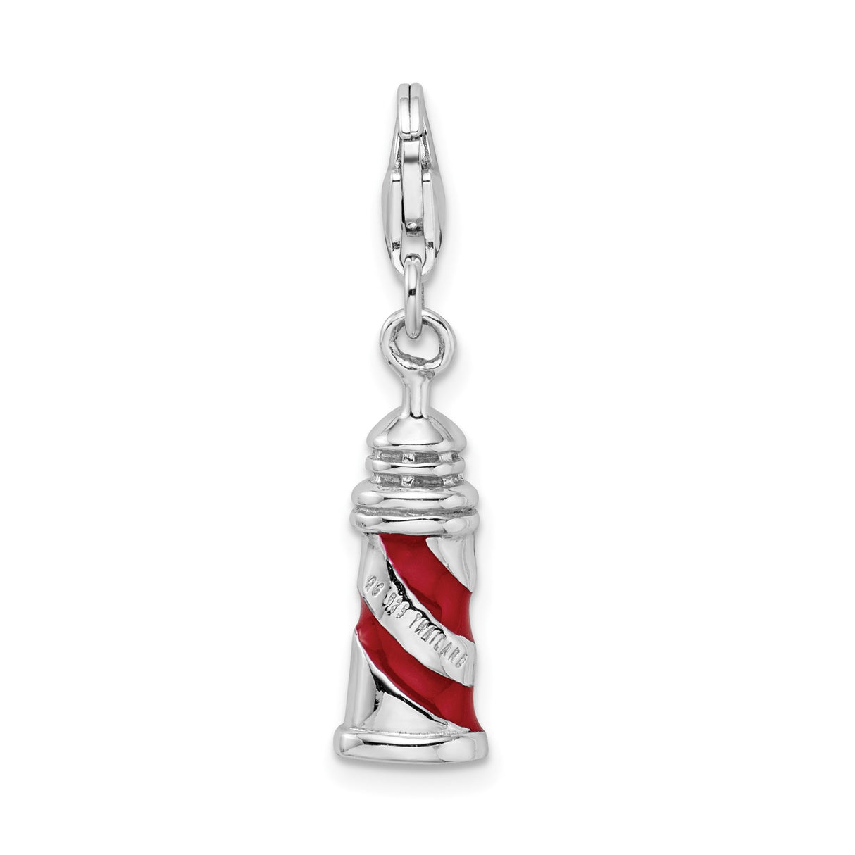 Sterling Silver Lighthouse Charm Pendant with Red Enamel Spiral, Nautical Travel Theme