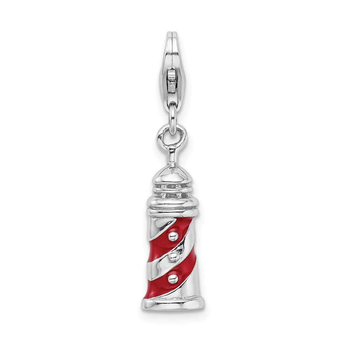Sterling Silver Lighthouse Charm Pendant with Red Enamel Spiral, Nautical Travel Theme