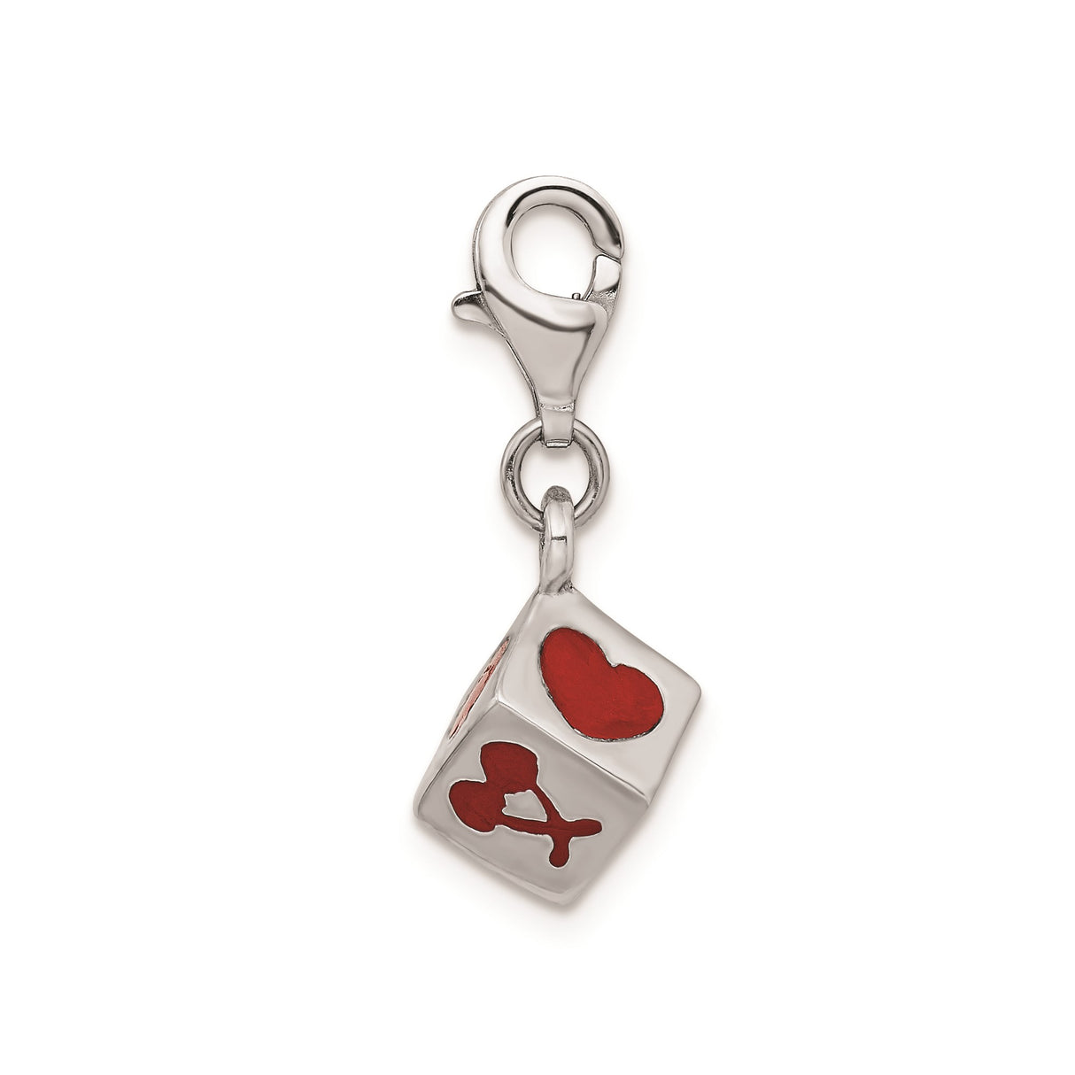 Sterling Silver Dice Charm Pendant with Red Enamel and Card Suit Symbols