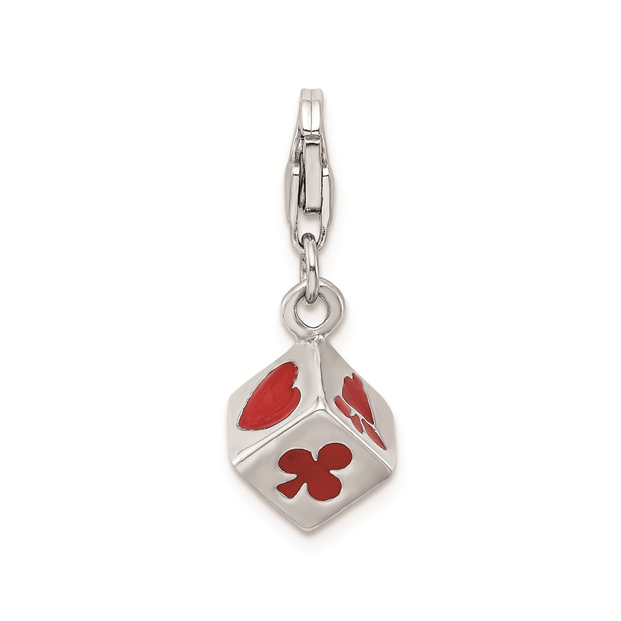 Sterling Silver Dice Charm Pendant with Red Enamel and Card Suit Symbols