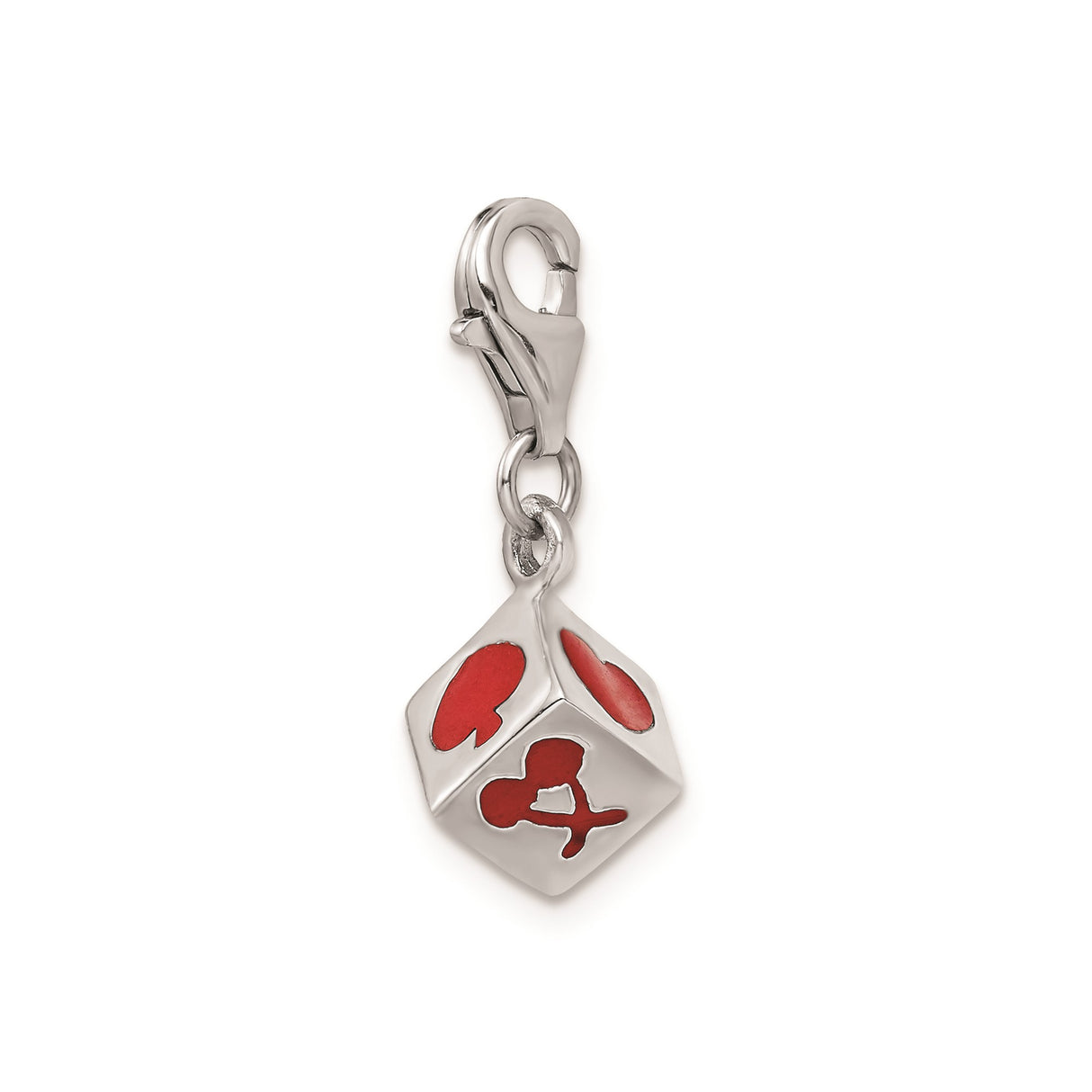 Sterling Silver Dice Charm Pendant with Red Enamel and Card Suit Symbols