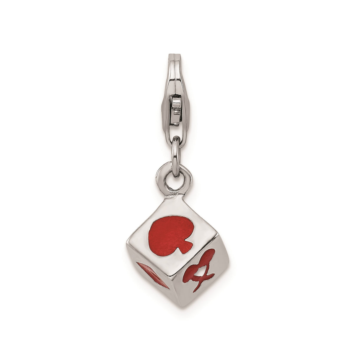 Sterling Silver Dice Charm Pendant with Red Enamel and Card Suit Symbols