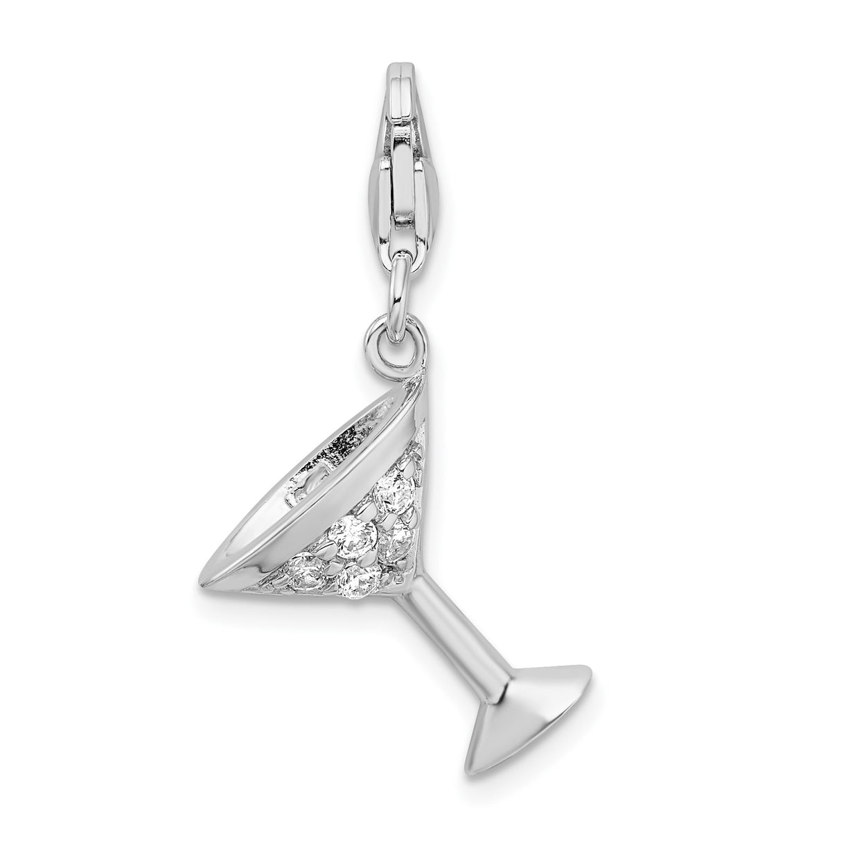Sterling Silver Martini Glass Charm Pendant with Cubic Zirconia, Cocktail Drink Theme Jewelry