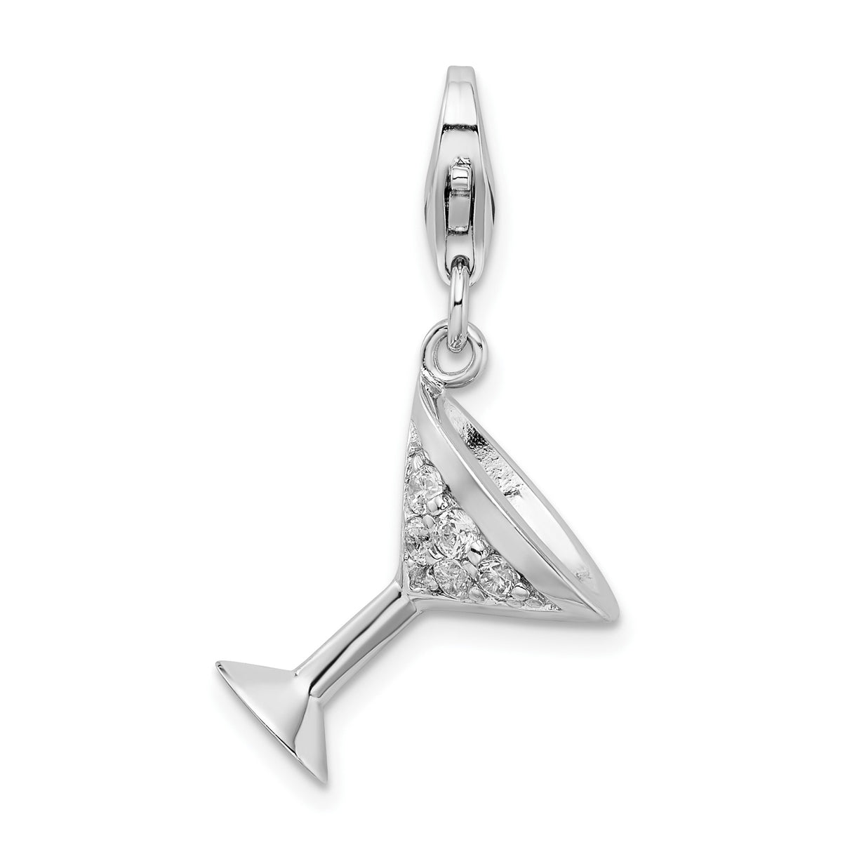 Sterling Silver Martini Glass Charm Pendant with Cubic Zirconia, Cocktail Drink Theme Jewelry