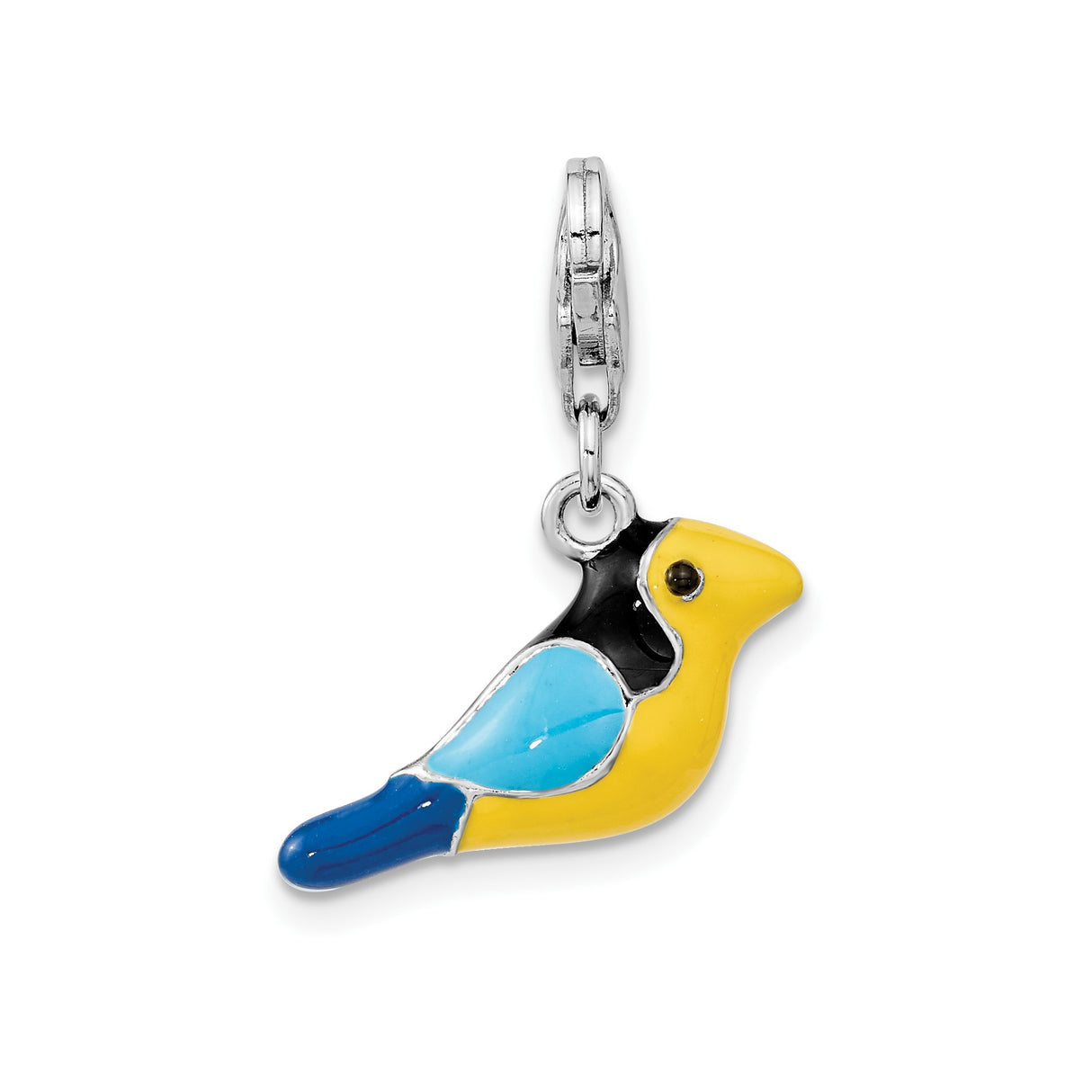 Sterling Silver Bird Charm Pendant with Colorful Blue, Yellow, and Black Enamel, Clip-On Design