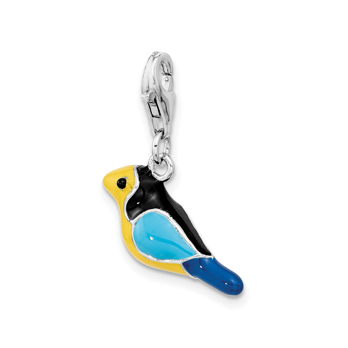 Sterling Silver Bird Charm Pendant with Colorful Blue, Yellow, and Black Enamel, Clip-On Design