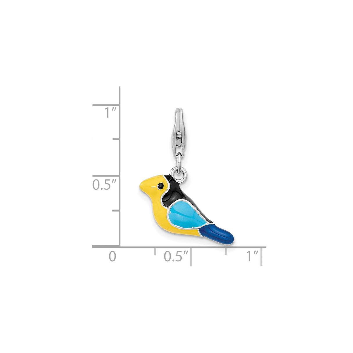 Sterling Silver Bird Charm Pendant with Colorful Blue, Yellow, and Black Enamel, Clip-On Design