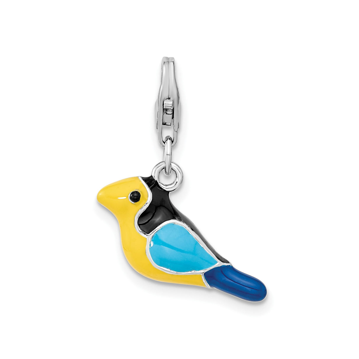 Sterling Silver Bird Charm Pendant with Colorful Blue, Yellow, and Black Enamel, Clip-On Design