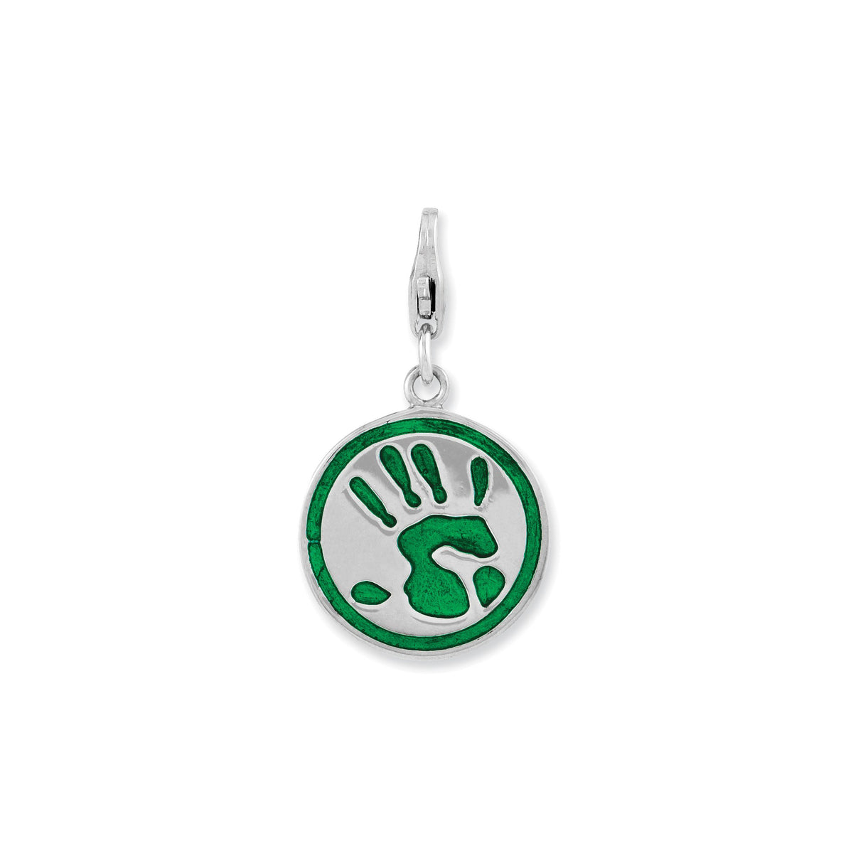 Sterling Silver Charm Pendant with Green Enamel Hand and Footprint Design
