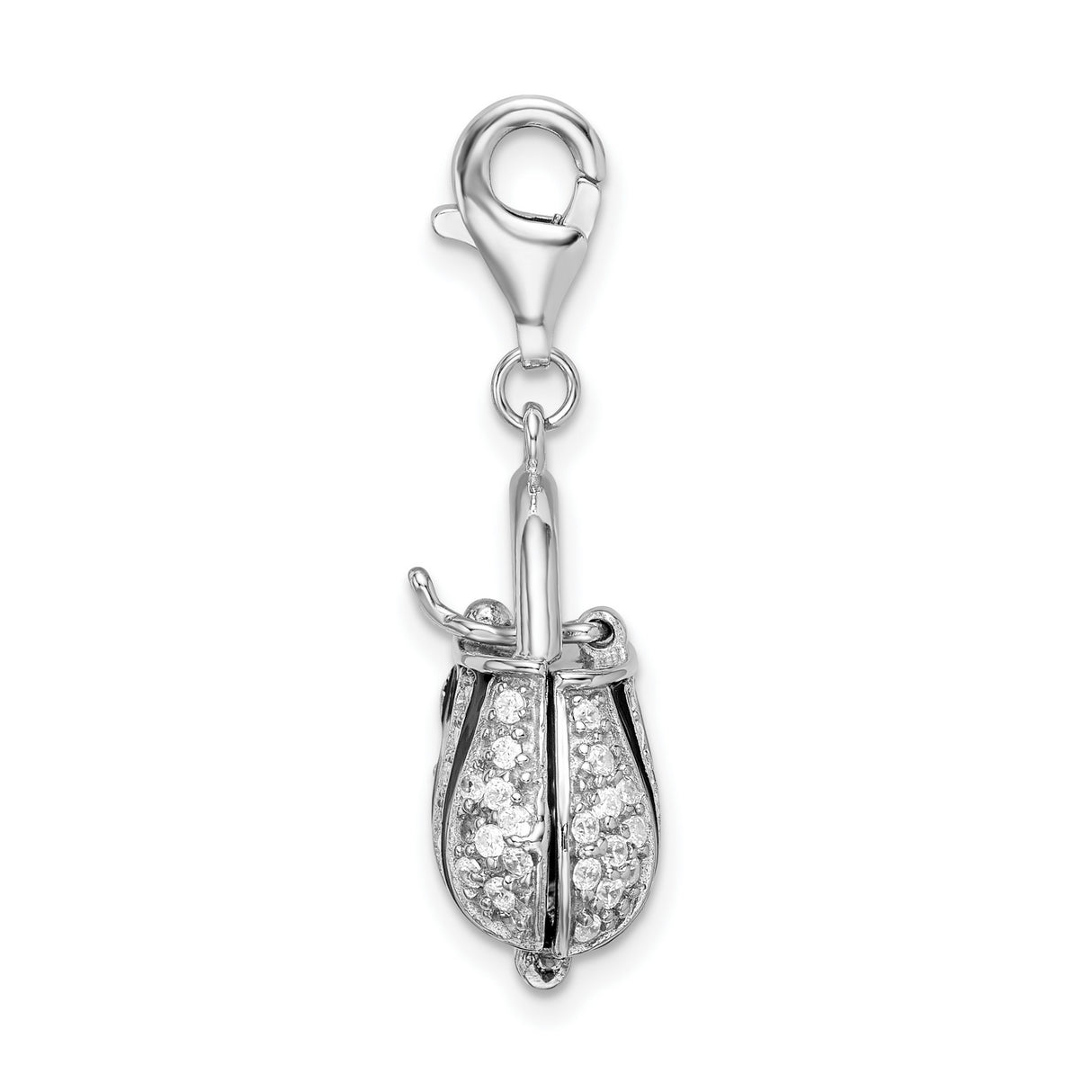 Sterling Silver Handbag Charm Pendant with Black Enamel and Cubic Zirconia Stripes