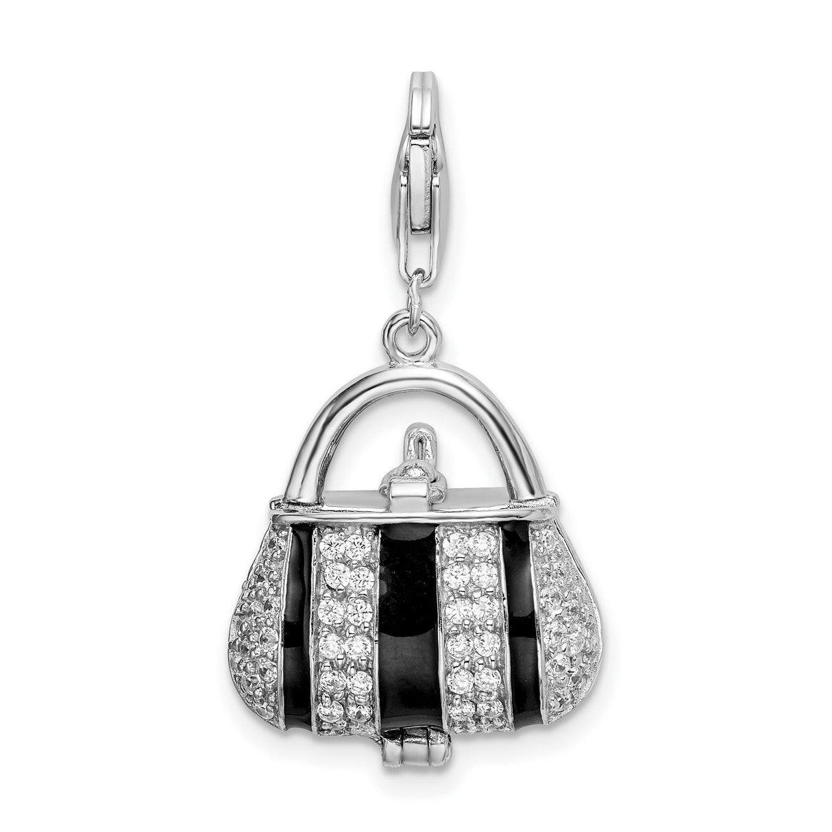 Sterling Silver Handbag Charm Pendant with Black Enamel and Cubic Zirconia Stripes