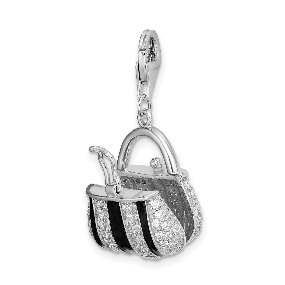 Sterling Silver Handbag Charm Pendant with Black Enamel and Cubic Zirconia Stripes