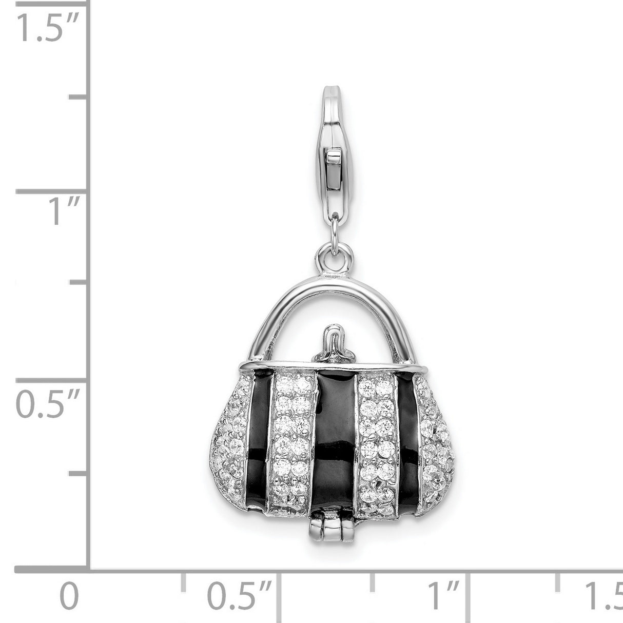 Sterling Silver Handbag Charm Pendant with Black Enamel and Cubic Zirconia Stripes