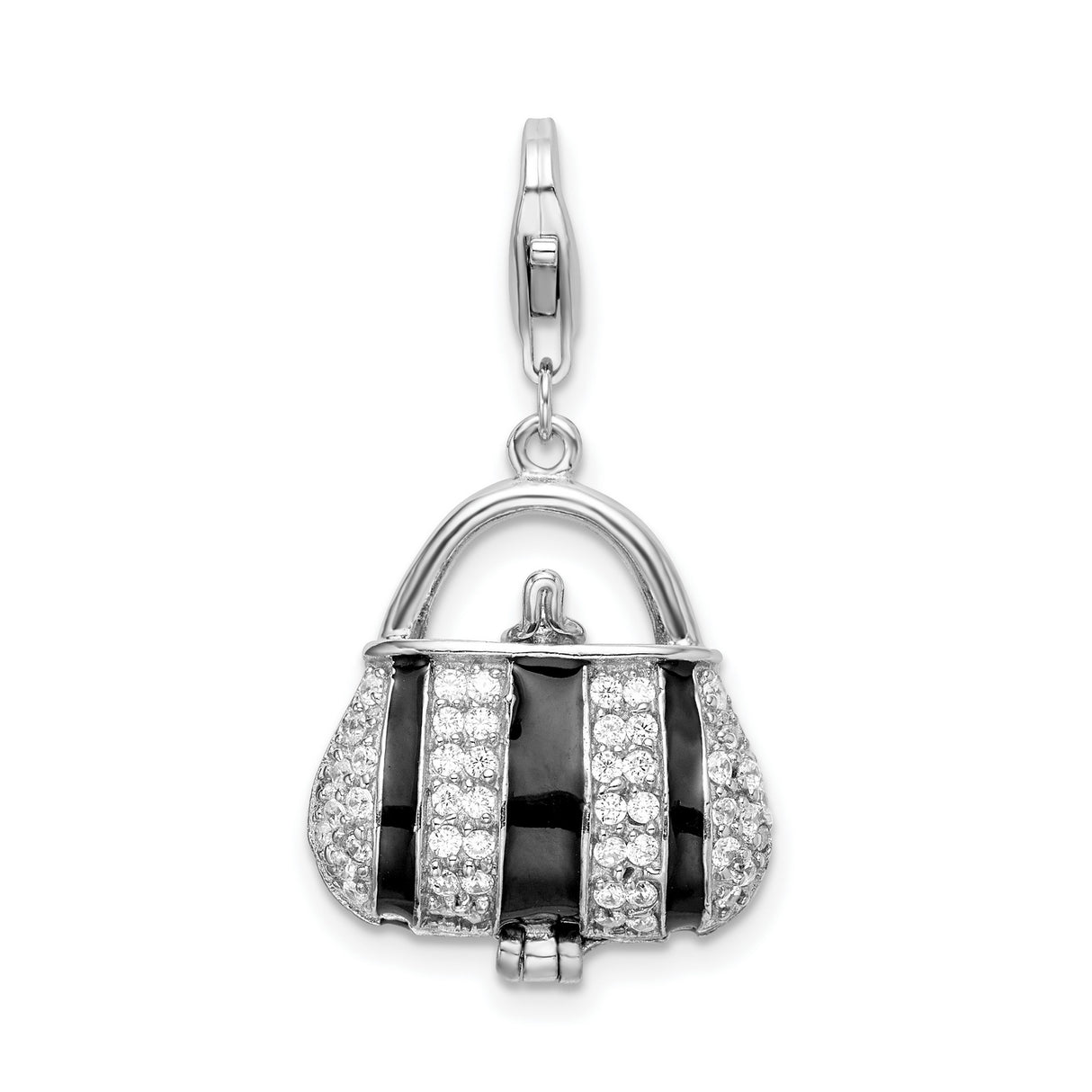 Sterling Silver Handbag Charm Pendant with Black Enamel and Cubic Zirconia Stripes