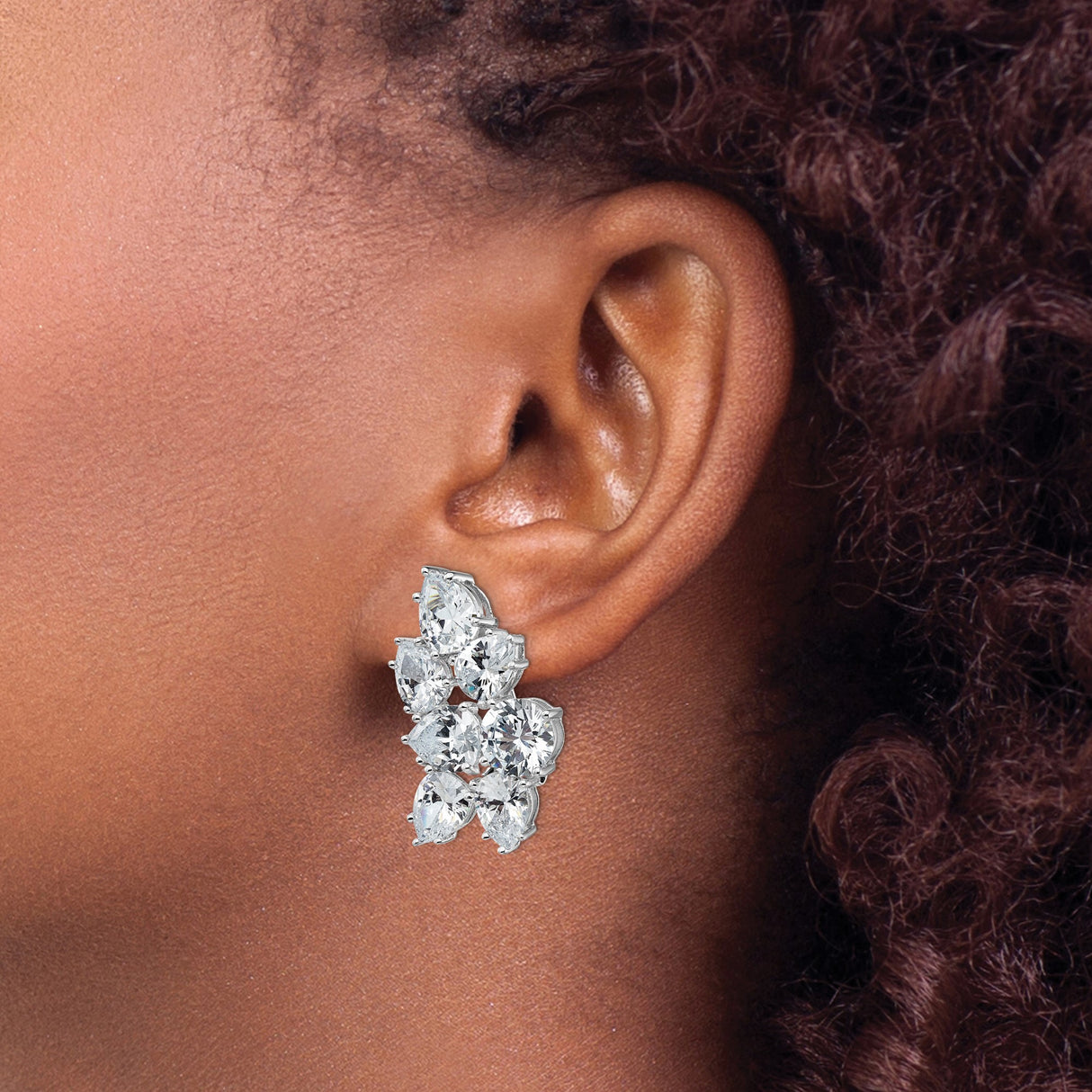 Sterling Silver Floral Cluster Earrings with Round and Pear Cut Cubic Zirconia