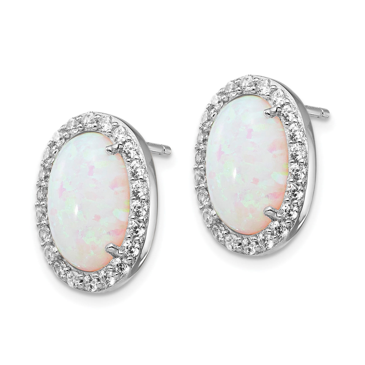 Sterling Silver Opal Stud Earrings with Cubic Zirconia Halo, Classic Oval Design for Women