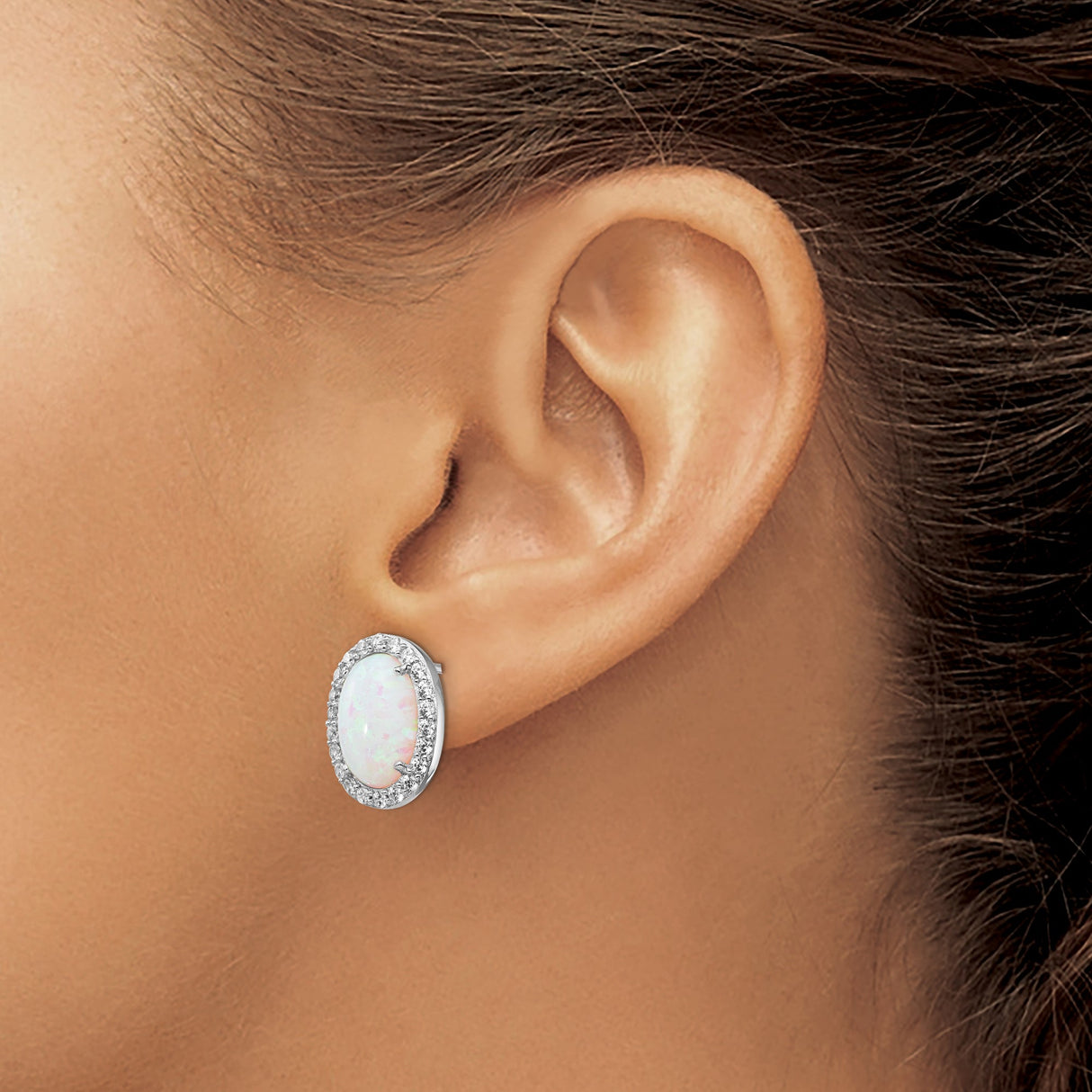 Sterling Silver Opal Stud Earrings with Cubic Zirconia Halo, Classic Oval Design for Women