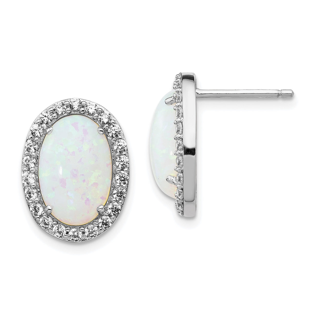 Sterling Silver Opal Stud Earrings with Cubic Zirconia Halo, Classic Oval Design for Women