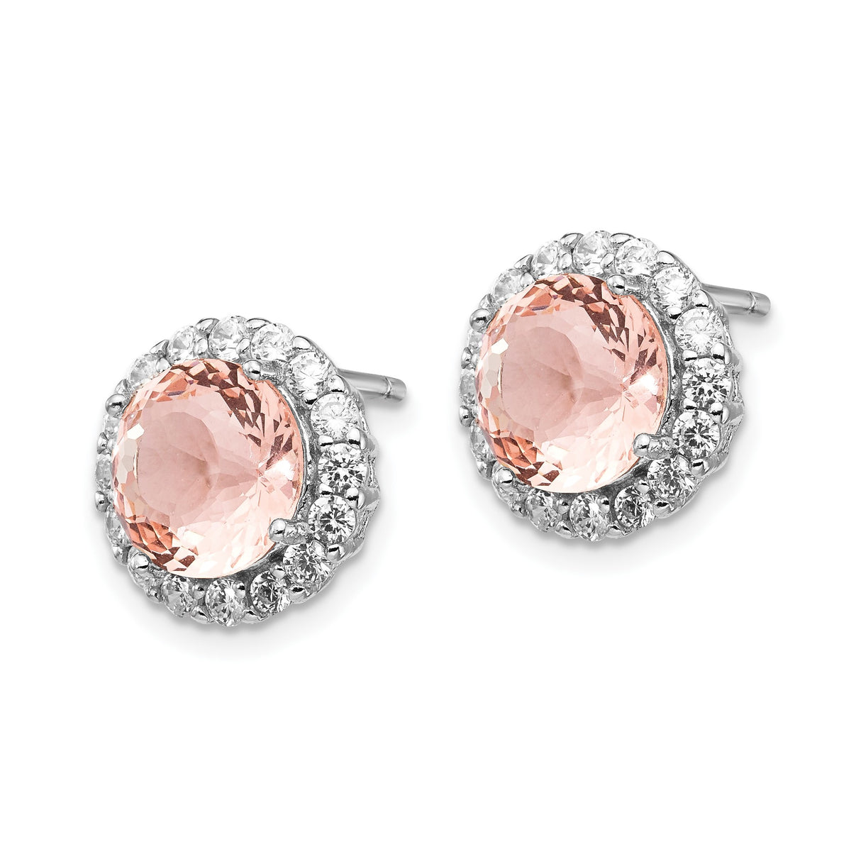 Sterling Silver Stud Earrings with Morganite and Cubic Zirconia Halo Design