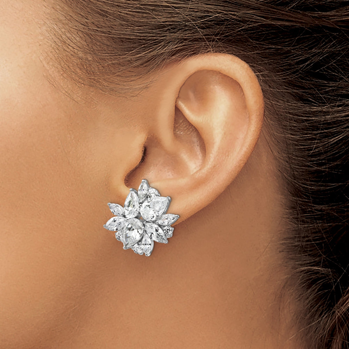 Sterling Silver Earrings with Cubic Zirconia, Floral Cluster Design, Omega Back Studs for Women