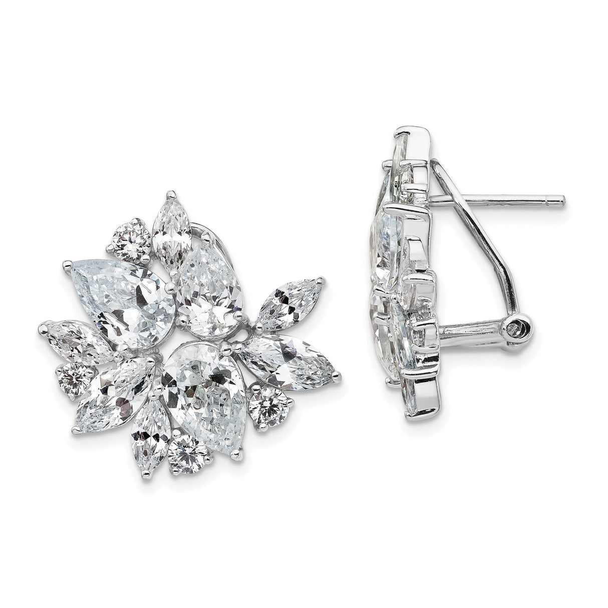 Sterling Silver Earrings with Cubic Zirconia, Floral Cluster Design, Omega Back Studs for Women