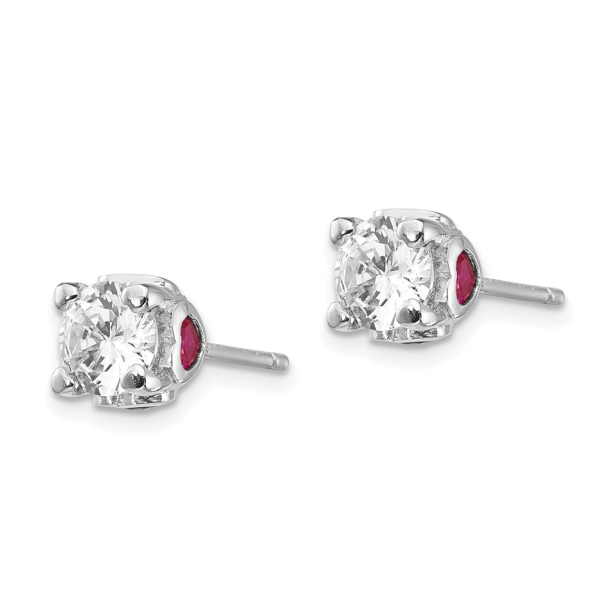 Sterling Silver Stud Earrings with Cubic Zirconia and Lab Created Ruby Heart Accents