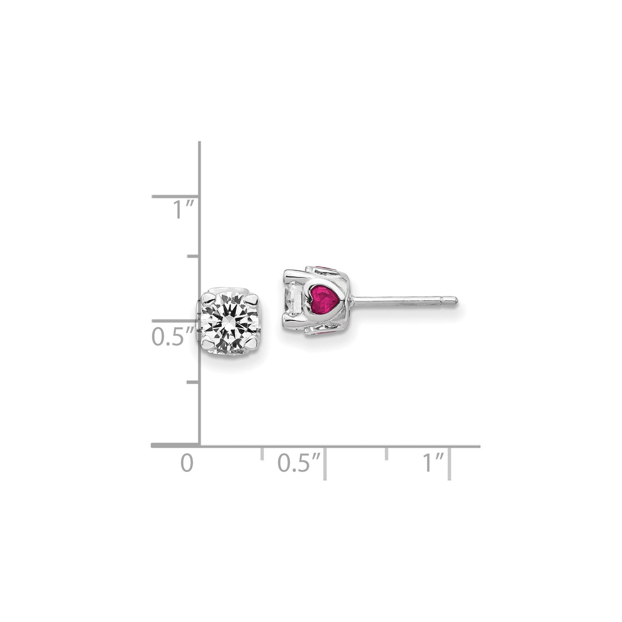 Sterling Silver Stud Earrings with Cubic Zirconia and Lab Created Ruby Heart Accents
