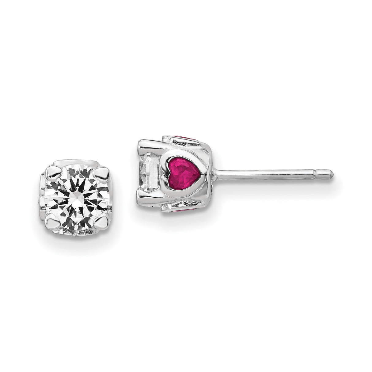 Sterling Silver Stud Earrings with Cubic Zirconia and Lab Created Ruby Heart Accents