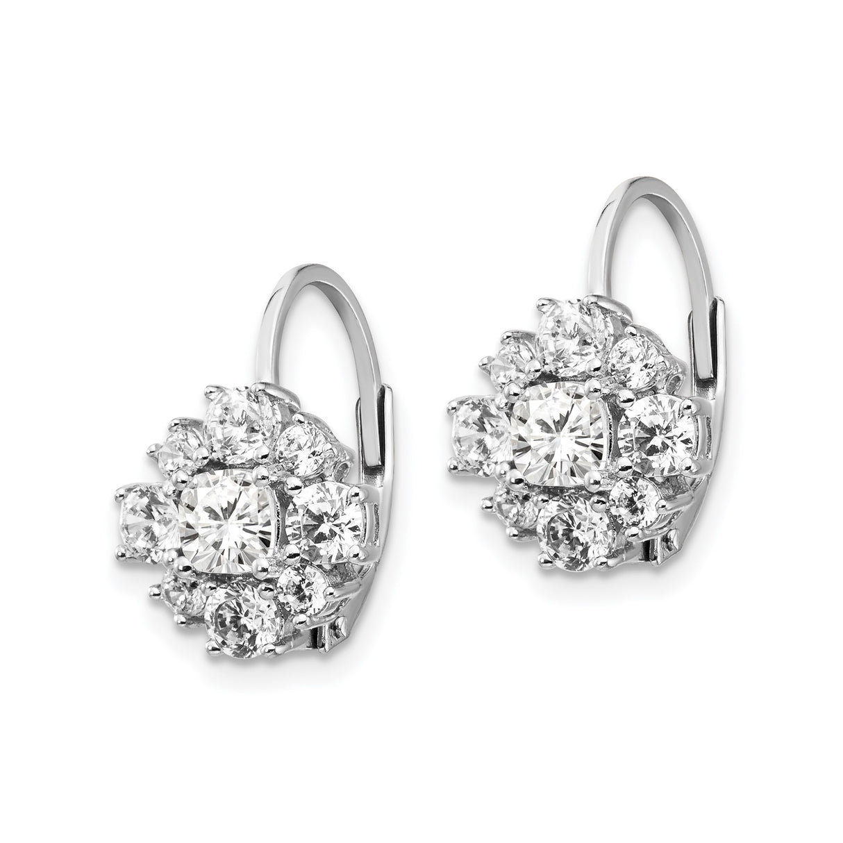 Sterling Silver Leverback Earrings with Princess Cut Cubic Zirconia Floral Cluster Design