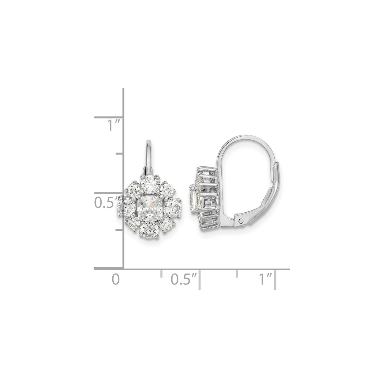 Sterling Silver Leverback Earrings with Princess Cut Cubic Zirconia Floral Cluster Design