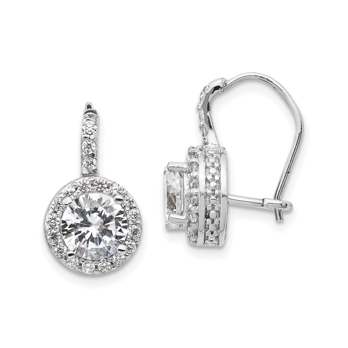 Sterling Silver Drop Earrings with Round Cubic Zirconia Center and Halo Accent Stones