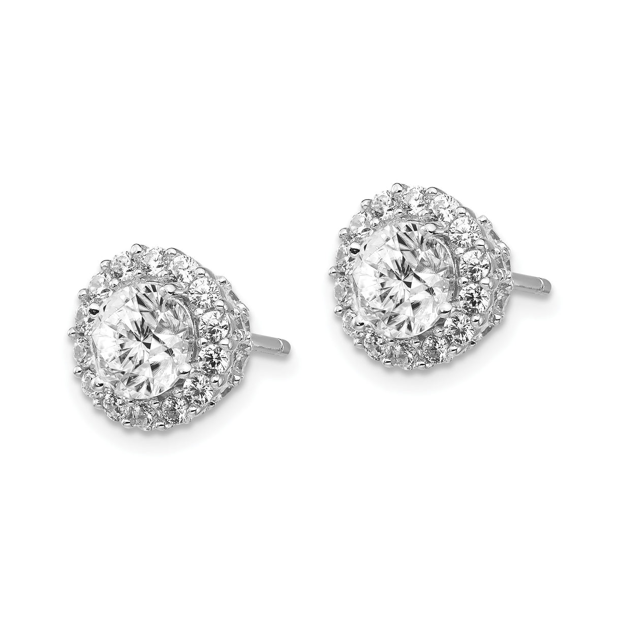 Sterling Silver Halo Stud Earrings with Cubic Zirconia Center and Double Halo Design