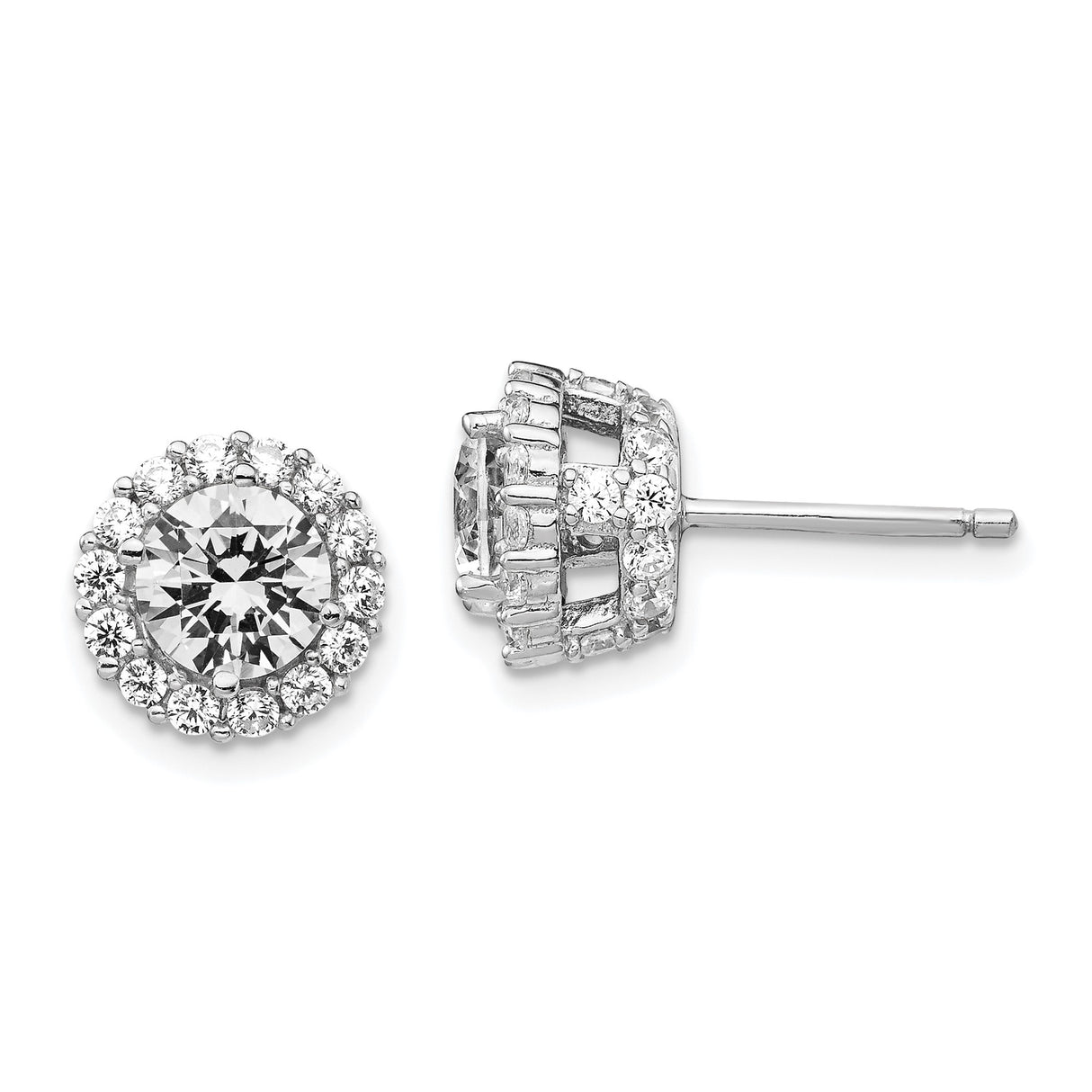 Sterling Silver Halo Stud Earrings with Cubic Zirconia Center and Double Halo Design