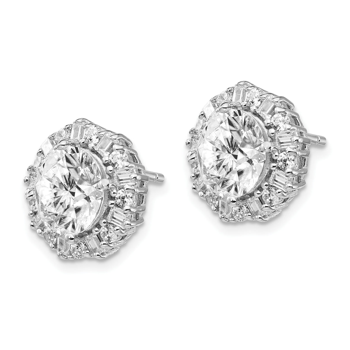 Sterling Silver Stud Earrings with Cubic Zirconia, Halo Design with Baguette and Round Stones